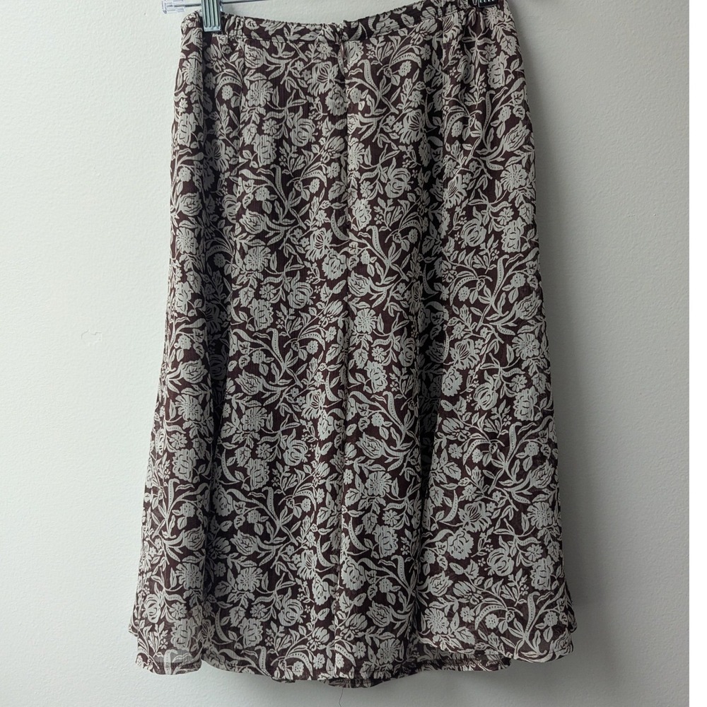 Vtg Midi Skirt Brown Floral Chiffon Fully Lined A-Line Sz SP Cottagecore